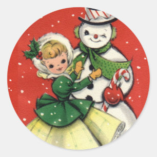 KRW Vintage Mädchen und Schneemann Weihnachtsstick Runder Aufkleber