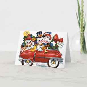 KRW Vintage-Schneemänner-Auto-Urlaubskarte Feiertagskarte