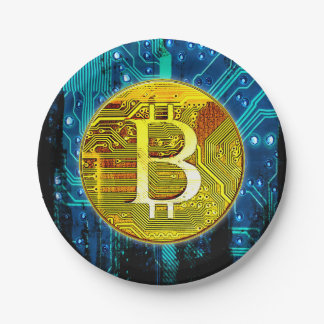 Kryptowährung Bitcoin und Leiterplatte Pappteller