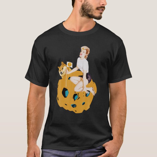 Kryptowährungs-Button-Up Girl Hodling Dogecoin Dog T-Shirt (Vorderseite)