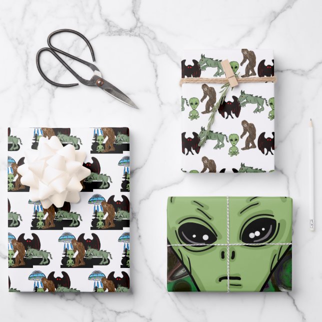 Kryptozoologie Kryptiden Big Foot Alien Mothman Geschenkpapier Set (Vorderseite)