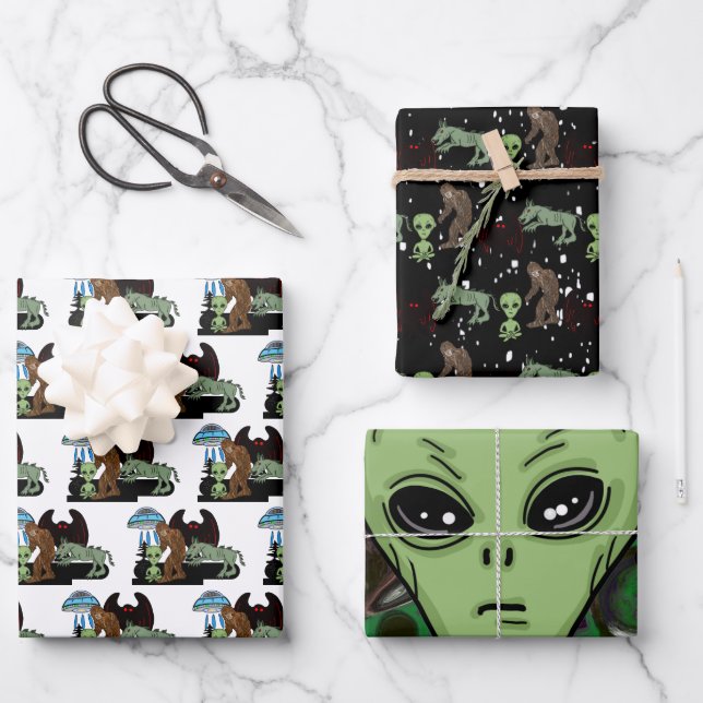 Kryptozoologie Kryptiden Big Foot Alien Mothman Geschenkpapier Set (Vorderseite)