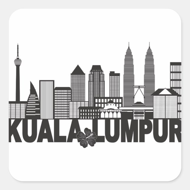 Kuala Lumpur City Skyline Text Schwarz-Weiß-Ill Quadratischer Aufkleber (Vorderseite)