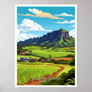 Kualoa Ranch Hawaii Vintage Illustration Poster