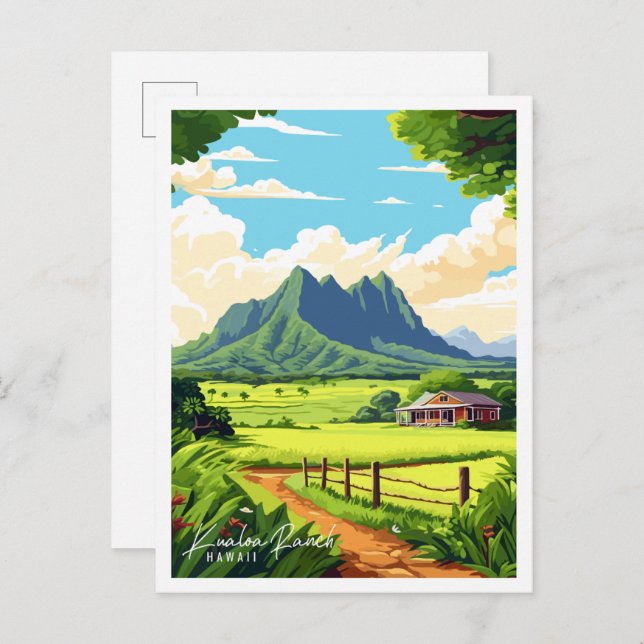 Kualoa Ranch Hawaii Vintage Illustration Postkarte (Vorne/Hinten)