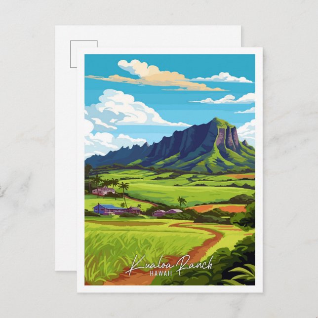 Kualoa Ranch Hawaii Vintage Illustration Postkarte (Vorne/Hinten)