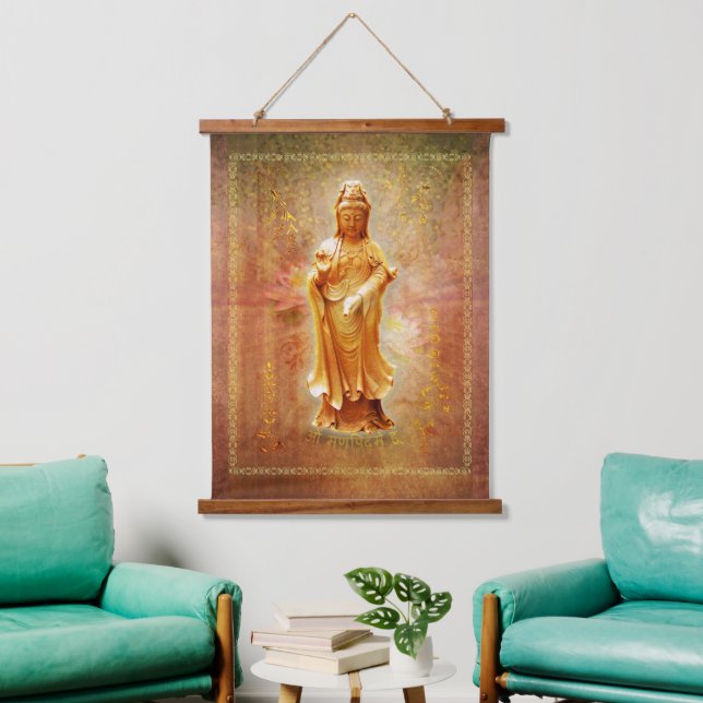 Kuan Yin Wood Topped Wall Tapestry Wandteppich Mit Holzrahmen (Wohnzimmer)