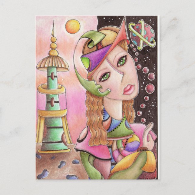 kubistische Abstrakt Art Postcard ~ "Far From Zuha Postkarte (Vorderseite)