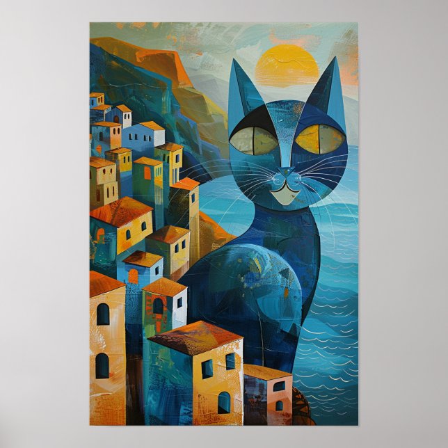 Kubistische Blaue Katzen: Mediterrane Seascape Art Poster (Vorne)