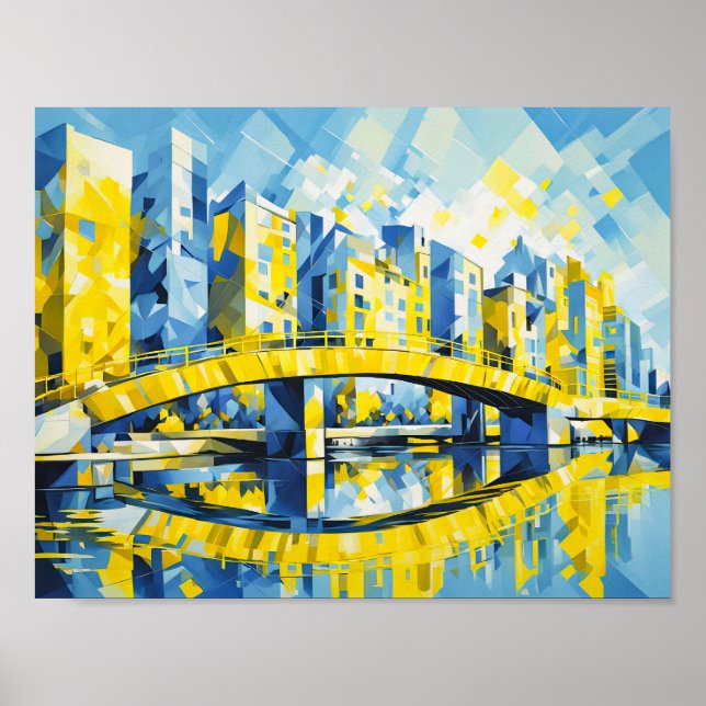 Kubistische Gelbe Brücke über den Fluss Poster (Vorne)