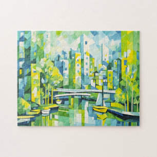 Kubistische grüne Stadt mit Brücke Puzzle