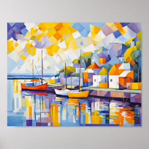 Kubistische Hafenlandschaft mit Booten Poster