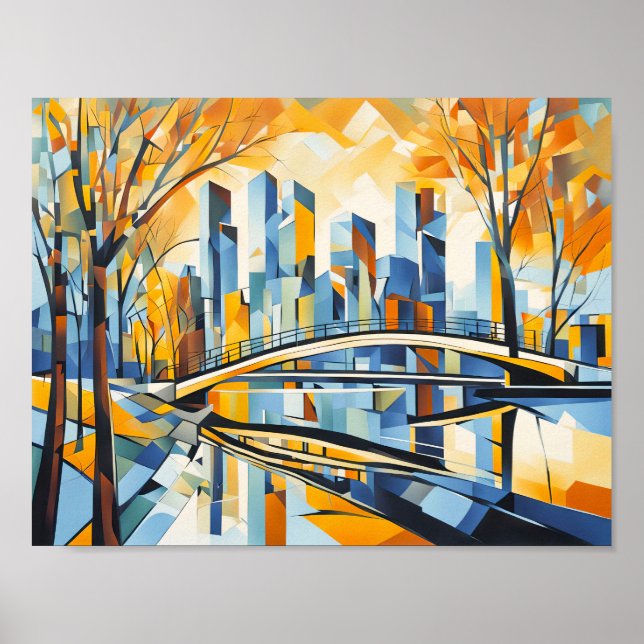 Kubistische Herbstbrücke im Stadtbild Poster (Vorne)
