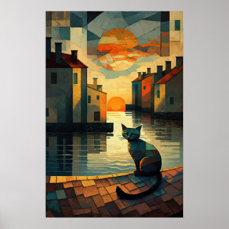 Kubistische Katze: Sonnenuntergang in Venezianisch Poster