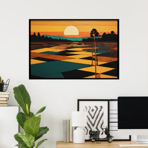 Kubistische Landschaft Flache Farben Felder Surrea Poster
