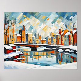 Kubistische Snowy City mit Canal Bridges Poster