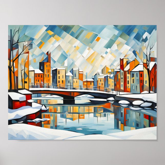 Kubistische Snowy City mit Canal Bridges Poster (Vorne)