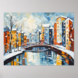 Kubistische Stadtbild mit Snowy Canal Poster