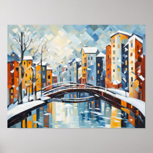 Kubistische Stadtbild mit Snowy Canal Poster