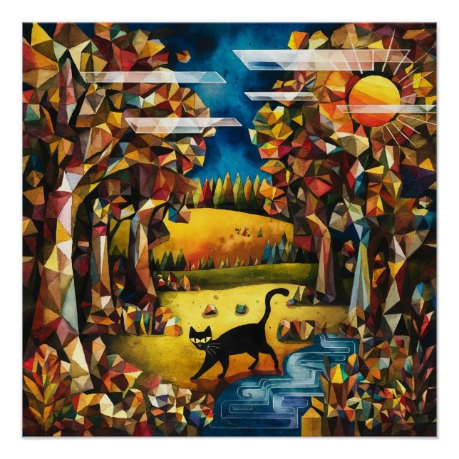 Kubistischer Herbstwald mit Fluss und Wiese Poster (Vorderseite)