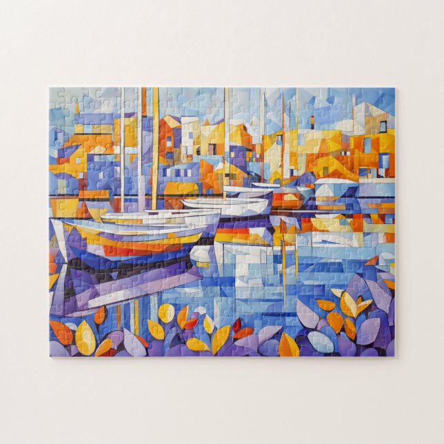 Kubistischer Jachthafen mit Booten und Überlegunge Puzzle (Horizontal)