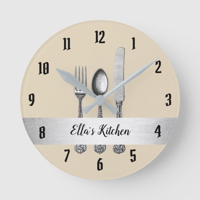 Küche Utensil Silbergürtel Runde Wanduhr (Vorderseite)