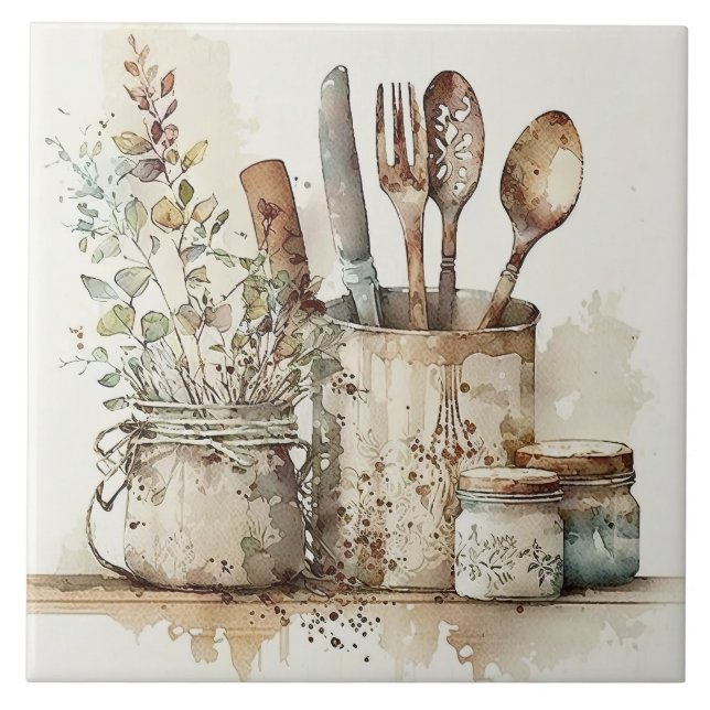 Küche Utensitäten Rustikale Aquarellfarben Keramik Fliese (Vorderseite)
