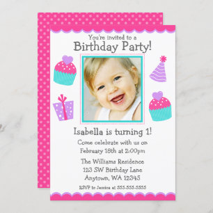 Kuchen-1. Geburtstags-Mädchen-Foto-Einladung Einladung