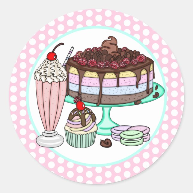 Kuchen, Cupcake, Milchshake und Macaros Runder Aufkleber (Vorderseite)