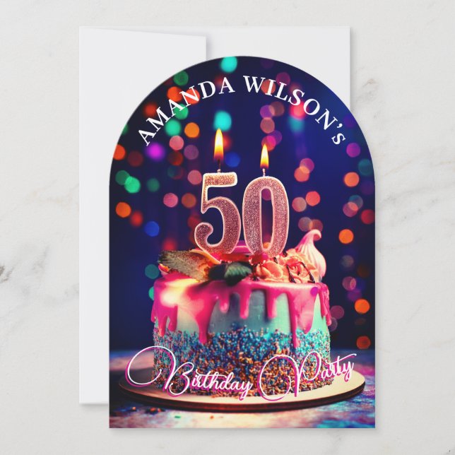 Kuchen, Kerzen und Feiern: 50. Geburtstag Einladung (Vorderseite)