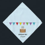 Kuchen mit farbenfrohen Banner auf Blue Birthday B Halstuch<br><div class="desc">Desteis originelle Cartoon-Illustration eines braunen Geburtstagskuchens mit vier Kerzen darauf und einem farbenfrohen Banner über dem Kuchen. Die Hintergrundfarbe ist hellblau. Ein personalisierbarer Textbereich lautet: "Birthday Boy",  während auf einem anderen Platz für einen Namen vorhanden ist.</div>