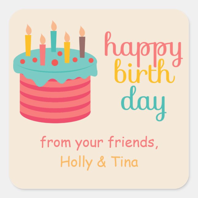 Kuchen mit Kerzen Geburtstagswünsche Quadratischer Aufkleber (Vorderseite)