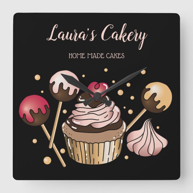 Kuchen & Süßigkeiten Cupcake Zuhause Bäckerei Trop Quadratische Wanduhr (Vorderseite)
