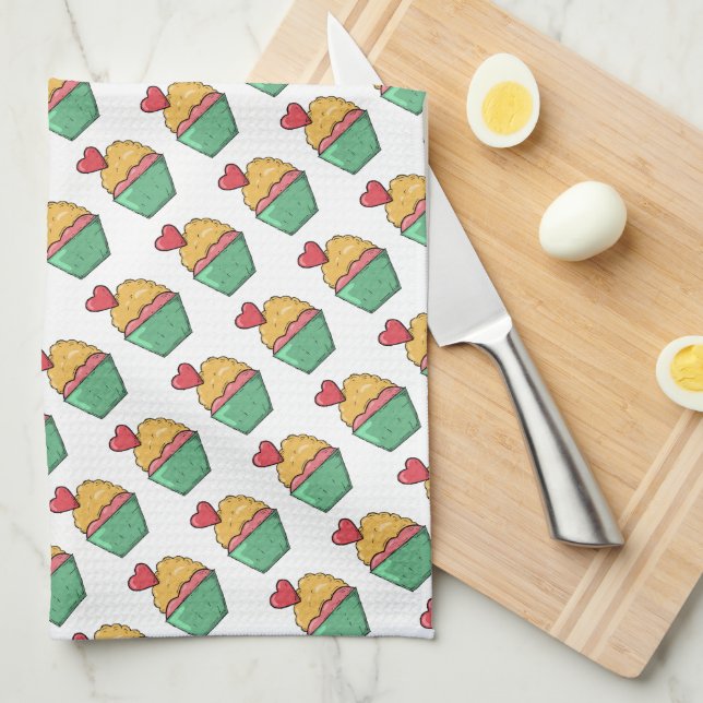 Kuchen und Herzen Geschirrtuch (Viertel Falte)