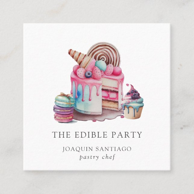 Kuchen und Nachspeisen Konditorei Koch Baker Aquar Quadratische Visitenkarte (Vorderseite)