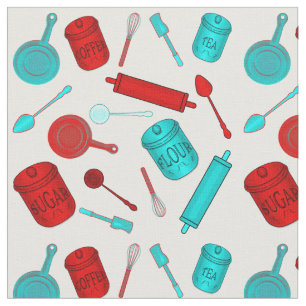 Küchen-Utensidmuster - Rot und Aqua auf Weiß Stoff