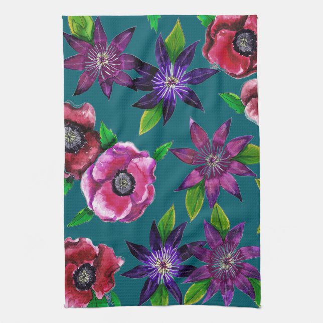 Küchenhandtuch mit Wasserfarben-Anemonen und Waldr Geschirrtuch (Vertikal)