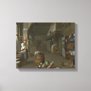 Kücheninnenraum mit zwei Zimmermädchen, die Essen  Leinwanddruck