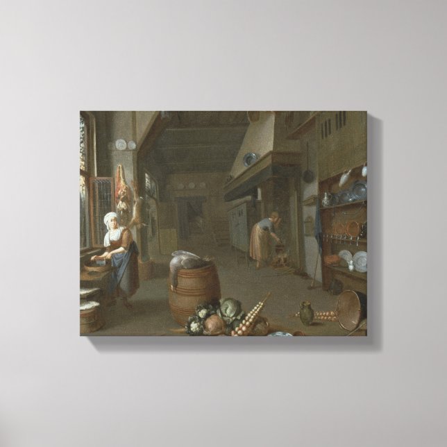 Kücheninnenraum mit zwei Zimmermädchen, die Essen  Leinwanddruck (Vorderseite)