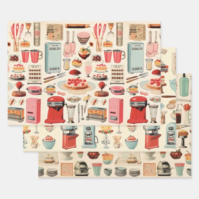 Küchenkuchen und Werkzeuge Retro Geschenkpapier Set (Set)
