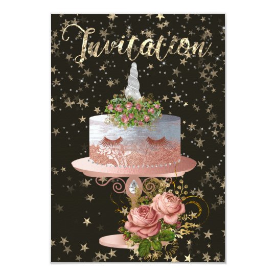 Kuchenunicorn-Rosen-GoldConfetti hat Goldnacht in Karte