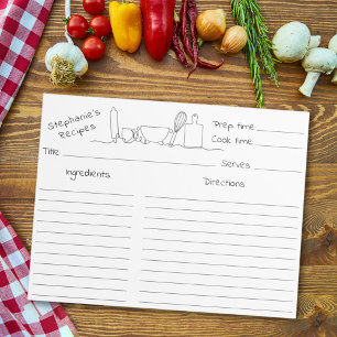 Küchenutensilien in Linienstil Schwarz-Weiß Rezept Notizblock