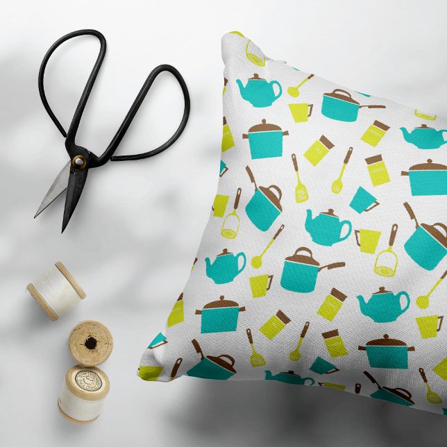 Küchenutensilien, Kochgeschirr, Geschirr, Küchenge Dekokissen (Von Creator hochgeladen)