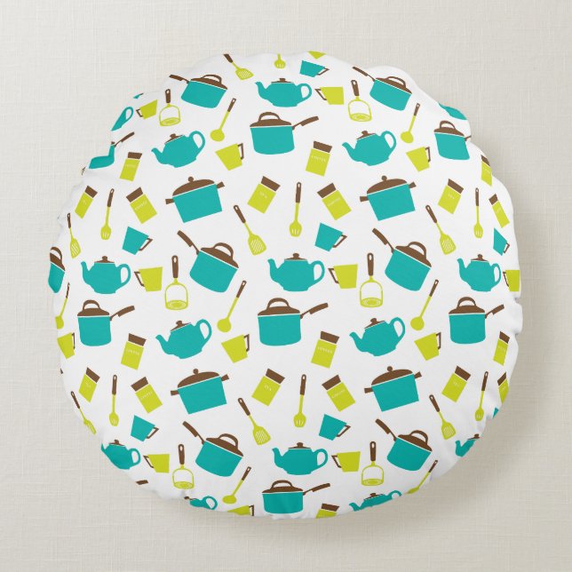 Küchenutensilien, Kochgeschirr, Geschirr, Küchenge Rundes Kissen (Vorderseite)
