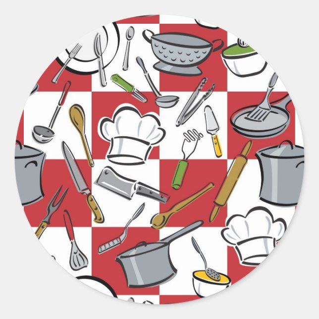 Küchenwerkzeuge Karo Runder Aufkleber (Vorderseite)