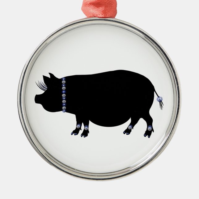 Kugelbauch-Schwein-Mädchen im Blau Silbernes Ornament (Vorne)
