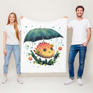 Kugelfisch Regentag mit Regenschirm Fleecedecke