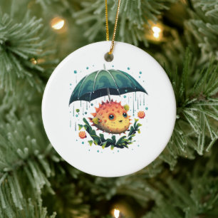 Kugelfisch Regentag mit Regenschirm Keramik Ornament