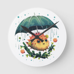 Kugelfisch Regentag mit Regenschirm Runde Wanduhr