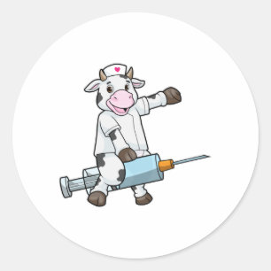 Kuh als Krankenschwester mit Herz & Spritze Runder Aufkleber